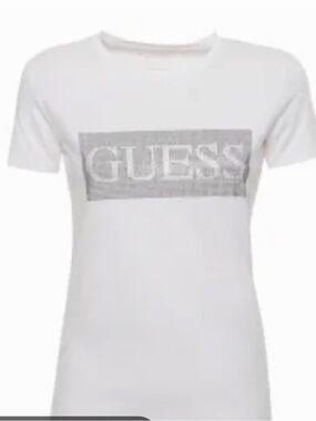 Guess White Tee with Silver Logo Block